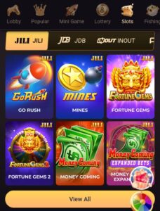 “Screenshot of the Tashan Win slots section showing JILI games like Go Rush, Mines, Fortune Gems, Fortune Gems 2, and Money Coming.”