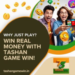 Happy man and woman celebrating while playing Tashan Game Win app with floating gold coins and money icons