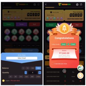 Two screenshots of the TashanWin WinGo 30-second game showing number selection, balance input, timer, and a winning popup displaying a bonus amount with the result Green 3 Small.