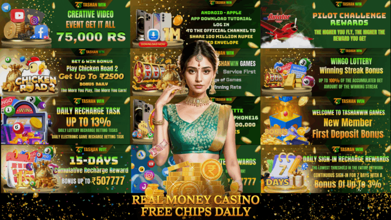 Tashan Win promotional banner showing casino bonuses, free chips, daily rewards and a female model holding gold coins