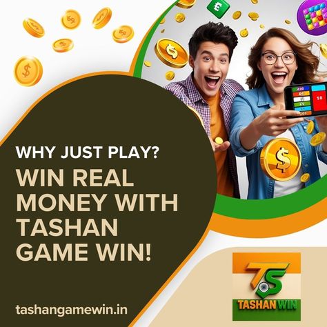 Happy man and woman celebrating while playing Tashan Game Win app with floating gold coins and money icons